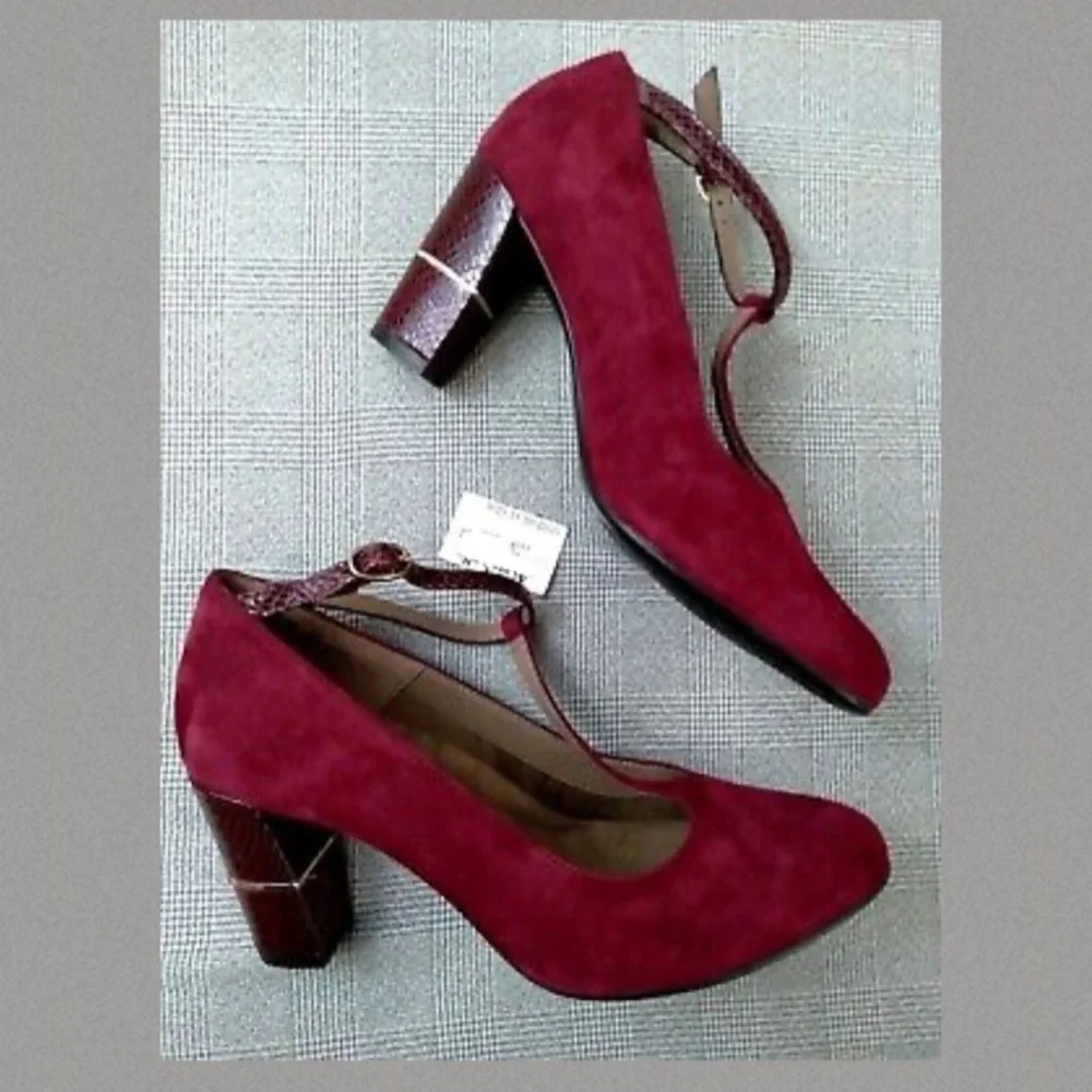 Cushion Comfort Burgundy Red Wine Suede Mary Jane Chunky Snakeskin Heel Size 8.5